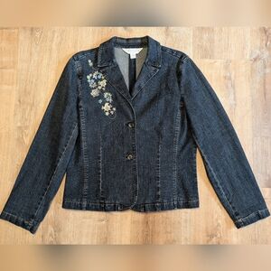 Casual Corner Annex Stretch Dark Blue Jean Jacket with Floral Embroidery Large
